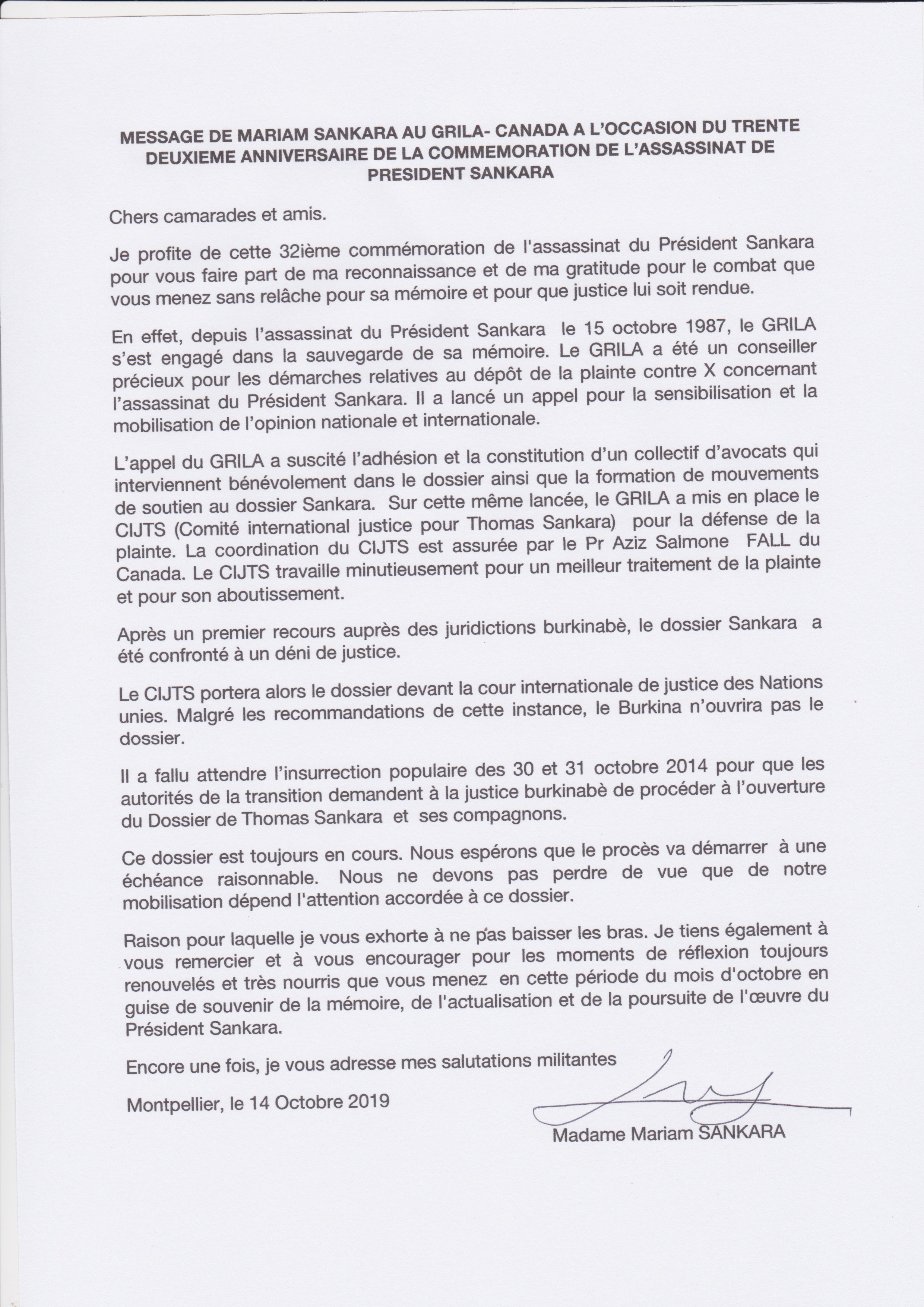 Message de Mariam SANKARA au GRILA-Canada (15 Octobre 2019)